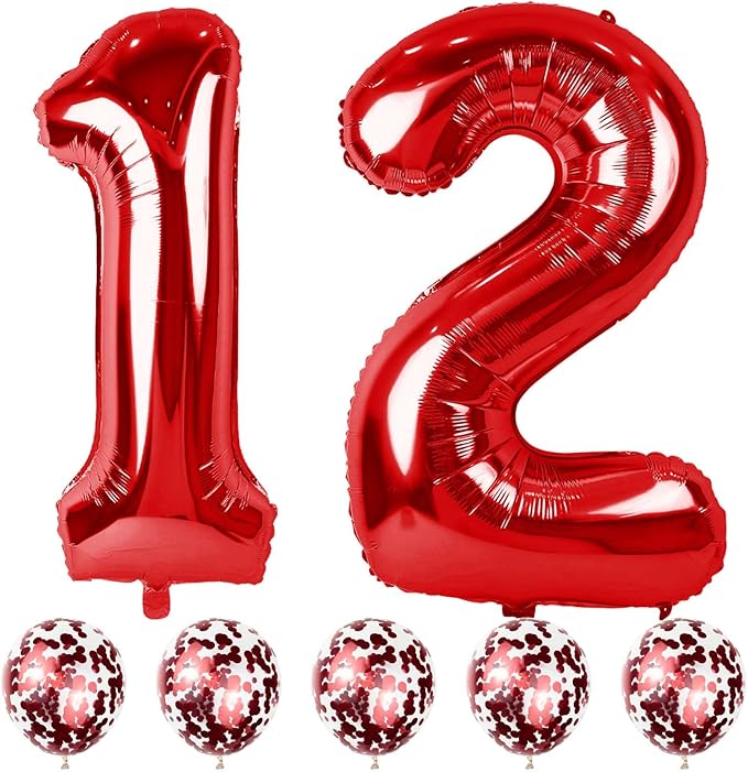 12th Birthday Balloons for Boys Girls, 40 Red Foil Number 12 Balloons with Confetti Latex Helium Balloons, Red Birthday Party Balloons Numbers 1 and 2 for Women Men 12th 21st Anniversary Decorations