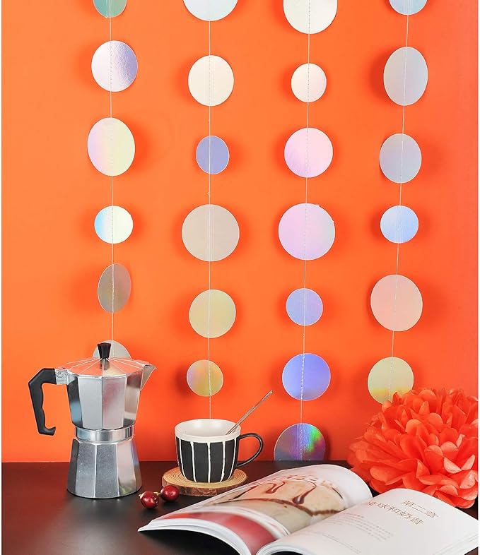 Holographic Paper Garland Shiny Iridescent Circle Dots Party Streamer Banner Backdrop Hanging Decorations, 20 Feet in Total