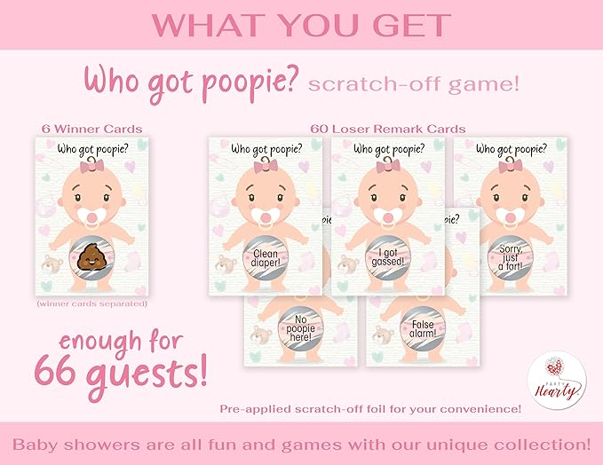 Party Hearty Baby Shower Games for Girl, 66 Poopie Emoji Scratch Off Lottery Tickets, Baby Games Ideas, Scratch Off Game