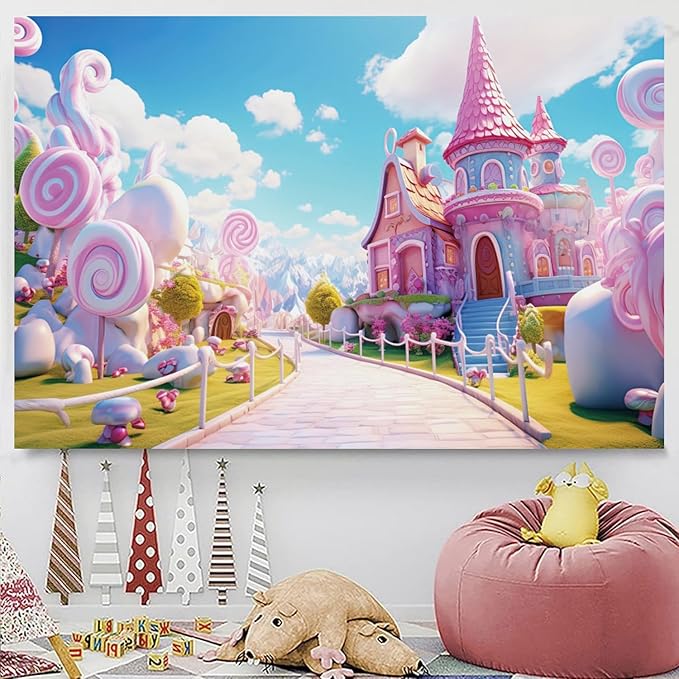 9x6ft Candyland Backdrop Pink Sweet Candy Castle Fairy Tale Photography Background for Girls Princess Birthday Baby Shower Party Decorations Kids Portraits Banner Photo Studio Props