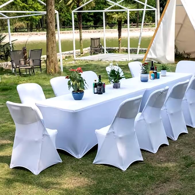 Trlyc 6 Pack 6FT Spandex Table Cloth - 72 x 30 Inch Rectangular Stretch Tablecloth, Wrinkle Resistant Scretch Table Cover for Wedding, Party, Banquet, Picnic, Outdoor Decoration (6Pcs,White)