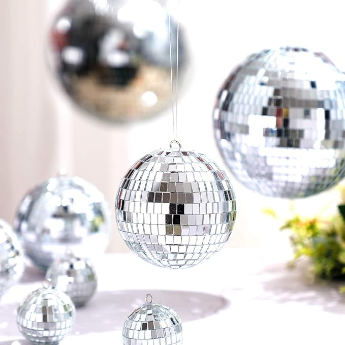 MTLEE 20 Pcs Disco Balls Decoration Mirror Disco Ball Assorted Silver Mini Glass Different Sizes Reflective with Rope for 70s Wedding Dance Music(6, 4, 3. 2, 2 Inch)