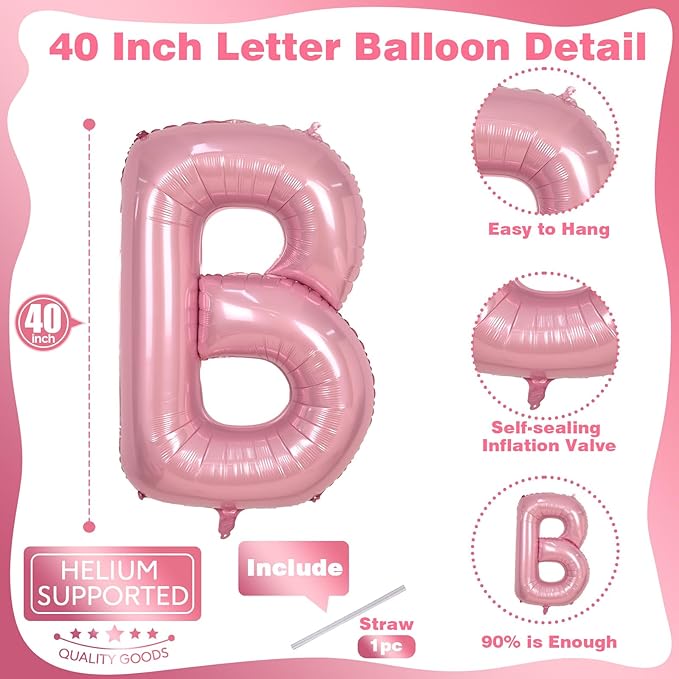 40 Inch Giant Pink Letter Balloon B, Foil Balloon Pastel Pink, Light Pink Helium Alphabet Balloon B Can Form Word OH BABY BRIDE, Mylar Letter Balloon for Women Birthday Party Decoration Supplies