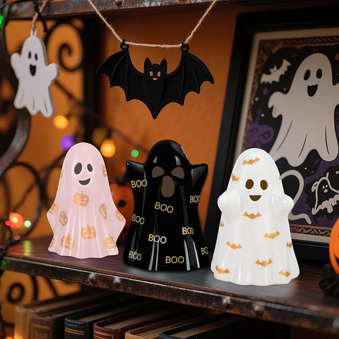 Halloween Decorations Indoor, Set of 3 Ceramic Halloween Ghosts with Witch Hats, Cute Spooky Lighted Decor Ghost Figurines Witch Hat Scary Pumpkin Bats Boo for Home Mantel Shelf Table Decor