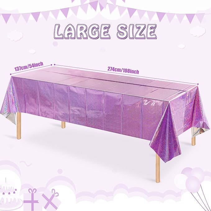 8 Pack Iridescent Light Purple Plastic Tablecloths Shiny Disposable Laser Rectangle Table Covers Holographic Foil Tablecloth Iridescent Kpop Birthday Bridal Wedding Party Decoration, 54 x 108 Inch