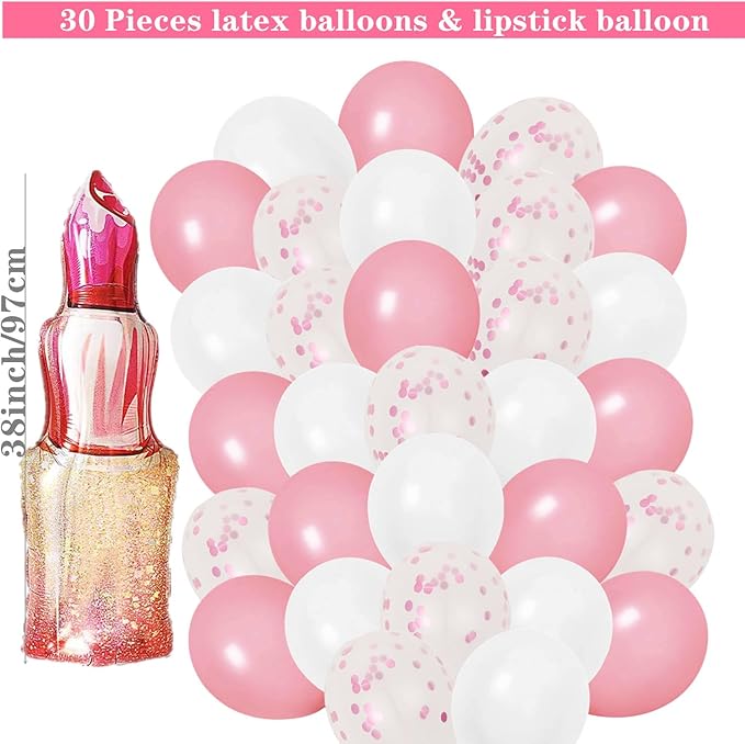 46 Pieces Spa Party Decorations Balloons Spa Theme Birthday Party Supplies Lipstick Cosmetics Balloons Foil Fringe Curtains for Girls Spa Day Makeup Party (Light Pink)
