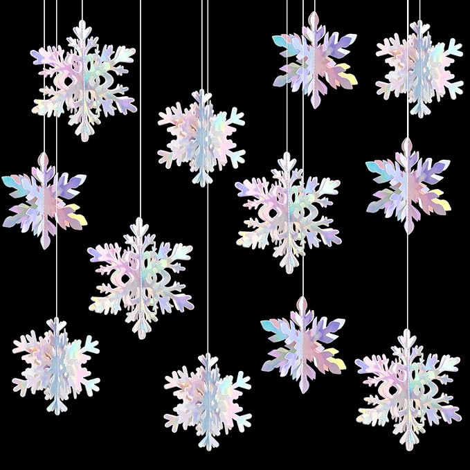 Iridescent-Holographic Snowflake-Snow Christmas Party-Decorations Garland - 12Pcs 3D Winter Wonderland Frozen Hanging Streamers Banner,Disco Birthday Baby Bridal Shower Wedding Decor Supplies Hugtmr