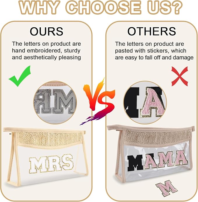 Bride Patch MRS Clear Makeup Letter Bag, Boho Patch Waterproof Zipper Make up Bag Toiletry Pouch for Women Girls, Clear Letter Patch Cosmetic Bags Transparent Organizer Pouch for Travel(MRS, Beige)