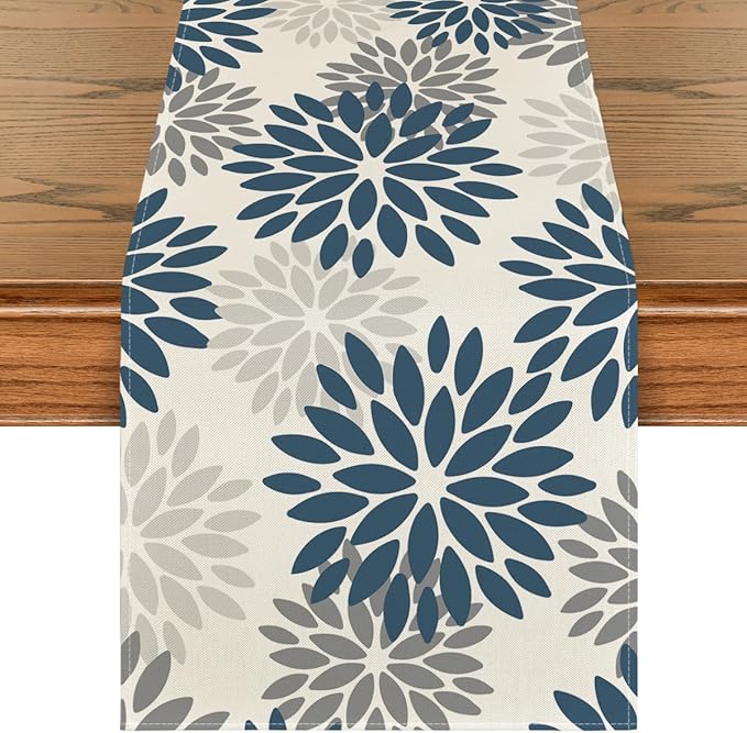 Artoid Mode Dahlia Aqua Floral Pinnata Flower Winter Table Runner, Seasonal Summer Holiday Kitchen Dining Table Decoration for Home Party Decor 13x90 Inch