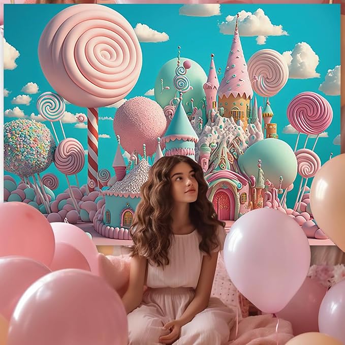 10x8ft Candyland Backdrop Fantasy Pink Sweet Candy Castle Photography Background Children's Birthday Party Candyland Theme Decorations Banner Photo Studio Props