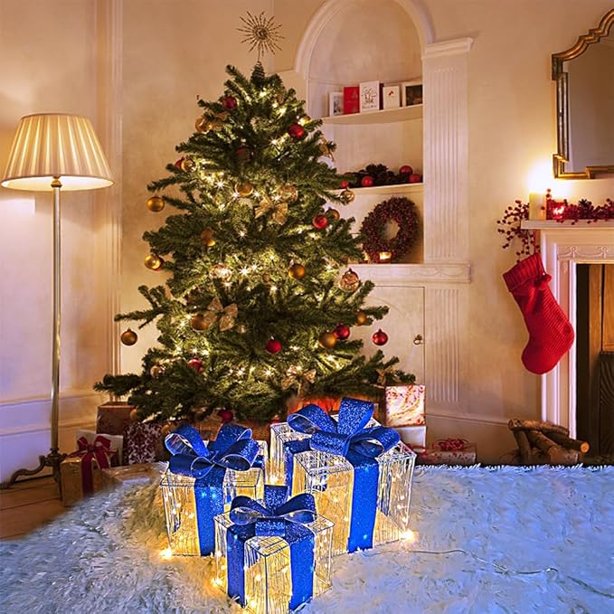 Christmas Decorations, Purtuemy Set of 3 Christmas Lighted Gift Boxes 140 LED Light up Present Ornament for Tree Indoor Outdoor Yard Holiday Door,Warm White