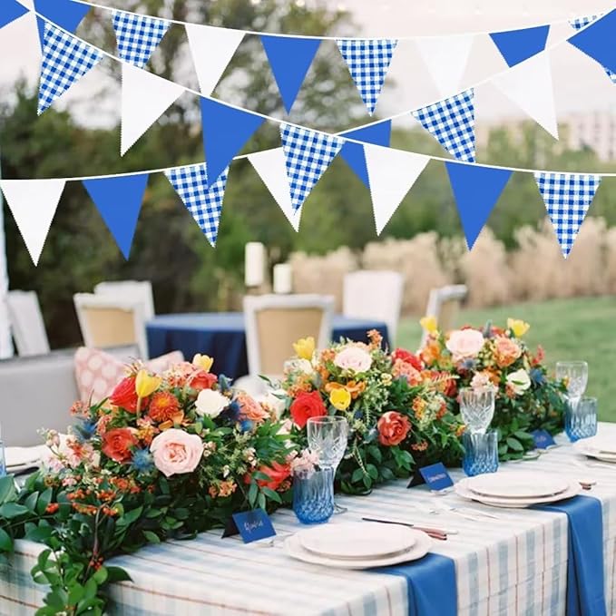 32Ft Deep Blue Party Decorations Blue Buffalo Plaid Checkered White Triangle Flag Gingham Pennant Bunting Fabric Garland for Picnic Racing Car BBQ Birthday Wedding Outdoor Garden Oktoberfest Decor