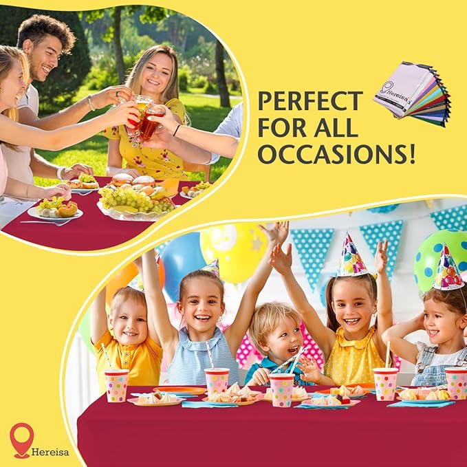 Cerise Tablecloth Disposable Plastic Table Cover for Rectangle Tables (24 Pack) Premium Plastic Table Cloths for Parties, Events & Weddings, Indoors/Outdoors, 54"x108"
