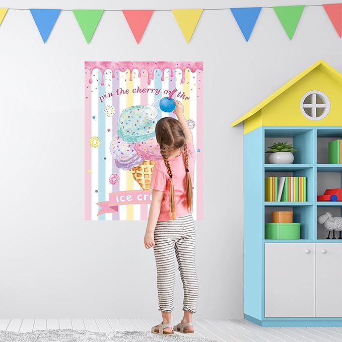 Pin The Cherry on The Ice Cream Game with 24 PCS Cherry Stickers Games Poster for Kids Girls Birthday 21'' x 28''