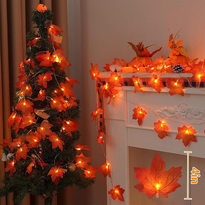 YEGUO 2 Packs Thanksgiving Decorations for Home, Fall Lights Battery Operated, Total 20ft 40 LED Lighted Fall Garland Maple Leaves for Holiday Autumn Harvest Fall Thanksgiving Halloween Decor