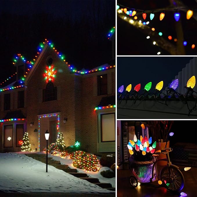 KAQ 2PK 100LED Multicolor C9 Christmas Lights Waterproof Indoor Outdoor, Extendable 98FT String Lights Plug in with 13 Lighting Modes, Christmas Decorations for Party Patio, Xmas Outside Yard Decor