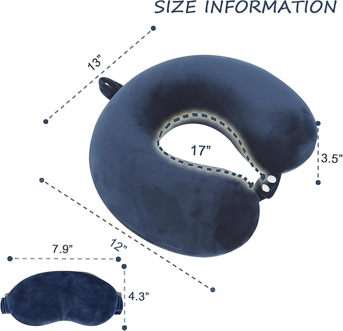 Pure Memory Foam Travel Pillow Set for Adults - Comfortable & Removable Machine Washable Cover, Neck Support Pillow Airplane Travel Kit with Eye Mask for Portable Plane Accessories -Dark Blue