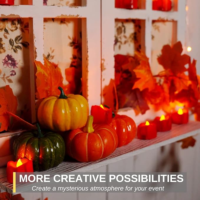 Homemory 24-Pack Halloween Red Dripping Flameless Tea Lights, Battery Operated Flickering LED Candles, Safe for Pumpkins, Party & Holiday Decor, 1.58" D x 1.2" H, Warm White Glow