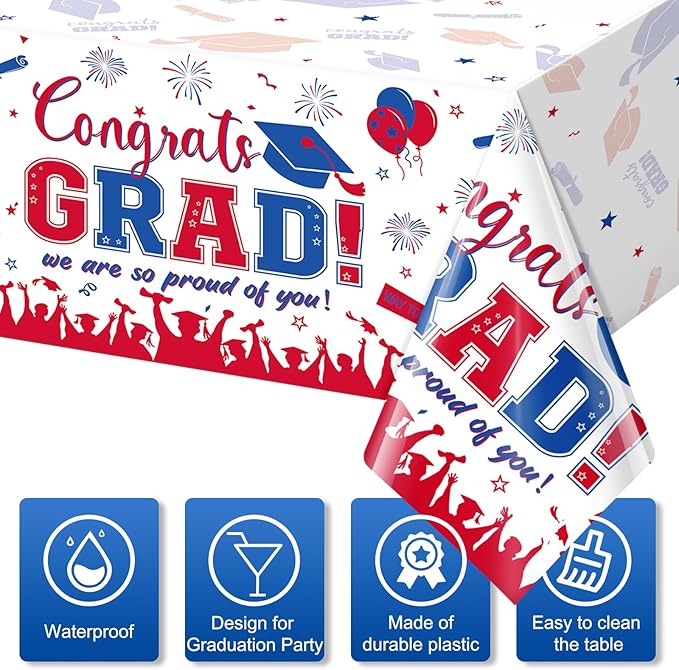 3 Pack Graduation Tablecloth Party Decorations, Class of 2026 Congrats Grad Plastic Tablecover Party Supplies, Blue and Red Rectangle Graduation Table Decor for College High School Party, 54x108Inch