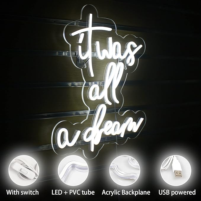 Lucunstar It Was All A Dream Neon Sign White Neon Sign For Room LED signs For Wall Decor LED Light Up Bedroom Club Office Hotel Pub Cafe Dream Neon Lights Wedding Birthday Party Room Decor