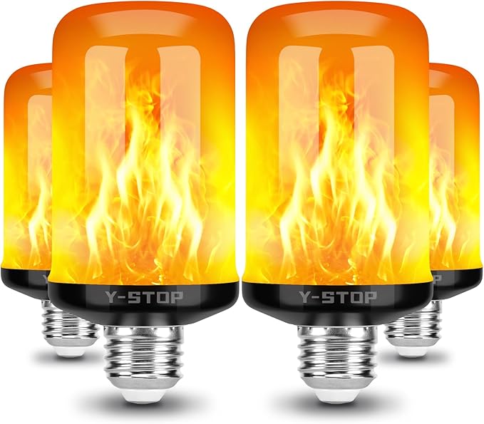 Y- STOP Upgraded LED Flame Light Bulbs, 4 Modes Flickering Light Bulb with Upside Down Effect, E26 Base Flame Bulb for Halloween Lights, Christmas Decorations Outdoor Indoor, Party Decor (4 Pack)