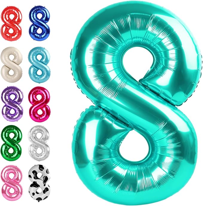 Helium Foil Teal Blue Number 8 Balloon 40 Inch, Mylar Eight Numbers 8 18 28 38 48 58 80 88 Birthday Balloons, Teal Blue Women Men Anniversary Graduations Party Supplies