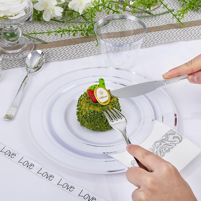 WELLIFE 700 Pieces Silver Plastic Dinnerware Set for 100 Guests - Includes Plates, Cups, Napkins, and Disposable Cutlery - Elegant White & Silver Design, Perfect for Parties and Events