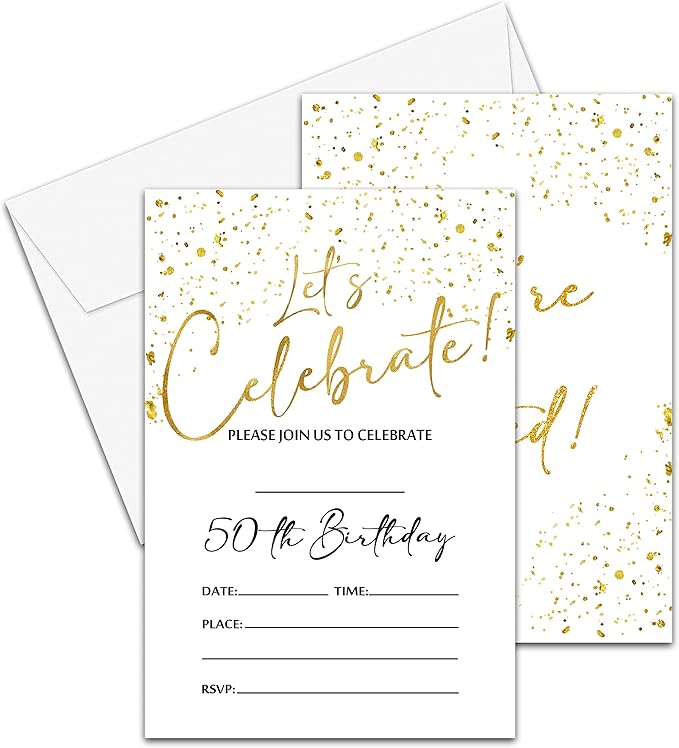 50th Birthday Invitations Cards, 4"x 6" White and Gold Confetti Birthday Party Invites with Envelopes for Party Decorations Supplies(20 Pieces) -D13