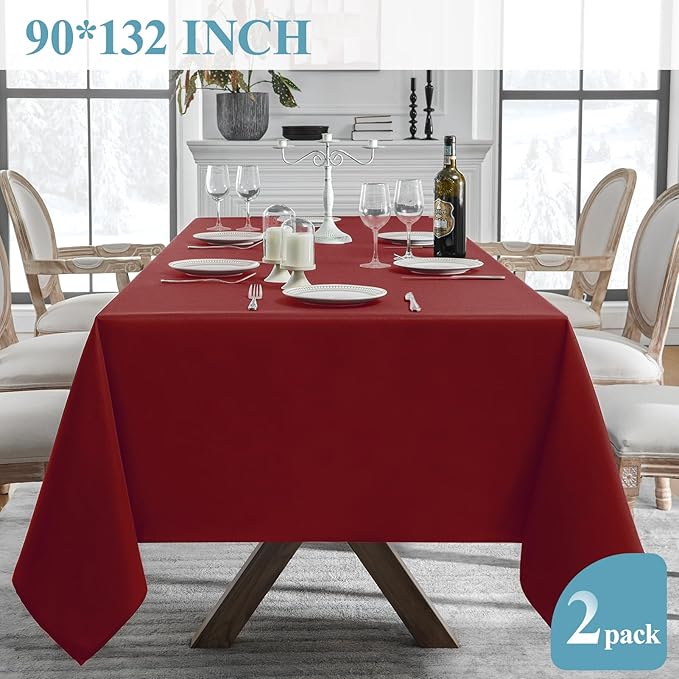 VidaFete 2 Pack 90 * 132inch Rectangle Table Cloth Polyester, Stain Wrinkle Resistant Polyester Dining Table Cover for Kitchen Dinning Party Wedding Rectangular Table Buffet Decoration(Red)