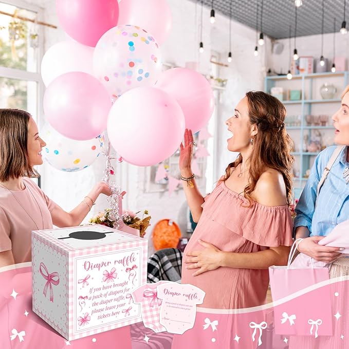 Pink Bow Baby Shower Decorations, Pink Bow Diaper Raffle Box for Baby Shower with 50PCS Cards Kids' Party Centerpieces, Baby Shower Game for Girl Baby Shower Decorations for Girl