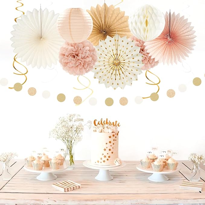 Champagne-Gold Beige Fall Boho Bachelorette Party-Decorations - 21pcs Women Bridal Shower Banner Garland,Bride To Be Paper Streamers Lanterns,Flower Tissue Pom Poms Fan Favors Wedding Decor Huglony