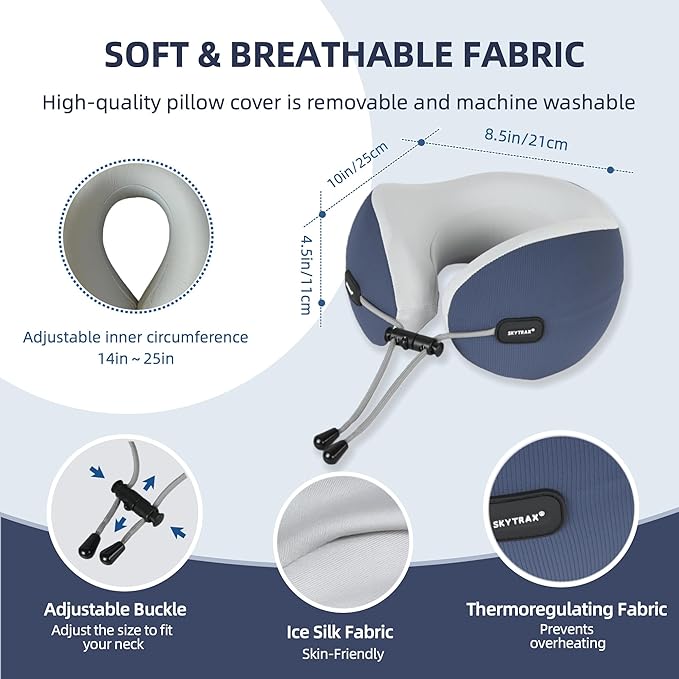 SKYTRAX COMF® Premium Ergonomic Memory Foam Travel Neck Pillow, Washable Cooling Ice Silk Cover, Firm Neck Support for Airplane Long Flights & Pain Relief, with Portable Carry Case (Navy Blue)