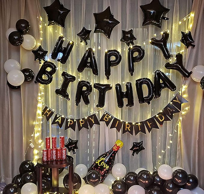 KALOR Black Happy Birthday Balloons Kit with 16 Inch Mylar Foil Letters Balloon and Silver Star Balloons for Birthday Party Decorations Photo Booth Backdrop