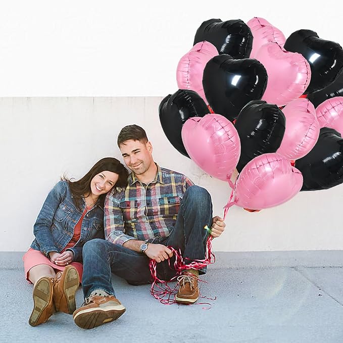 TONIFUL 30Pcs 18 Inch Pink Black Heart Balloons Valentine’s Day Heart Shape Foil Mylar Balloons Decoration for Romantic Valentine's Day Wedding Bridal Shower Anniversary Engagement Party Supplies