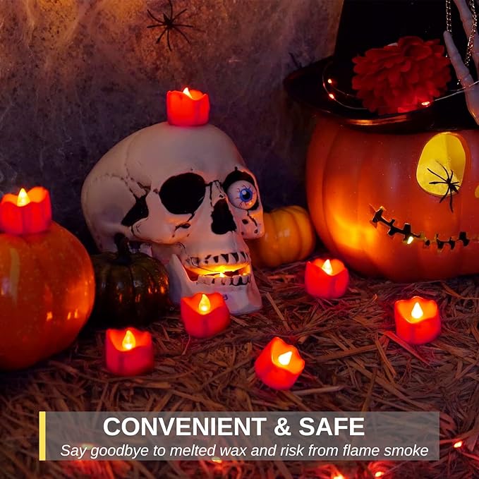 Homemory 24-Pack Halloween Red Dripping Flameless Tea Lights, Battery Operated Flickering LED Candles, Safe for Pumpkins, Party & Holiday Decor, 1.58" D x 1.2" H, Warm White Glow