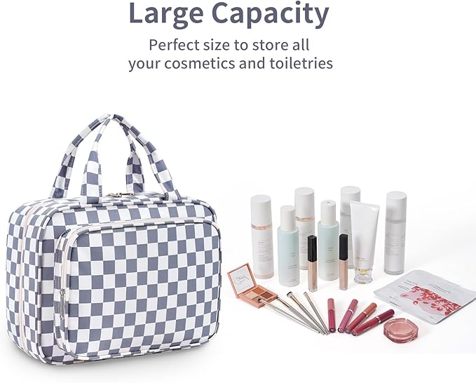 Narwey Hanging Toiletry Bag for Women Travel Makeup Bag Organizer Toiletries Bag for Travel Size Essentials Accessories Cosmetics (Grayish Blue Checkerboard (Medium))