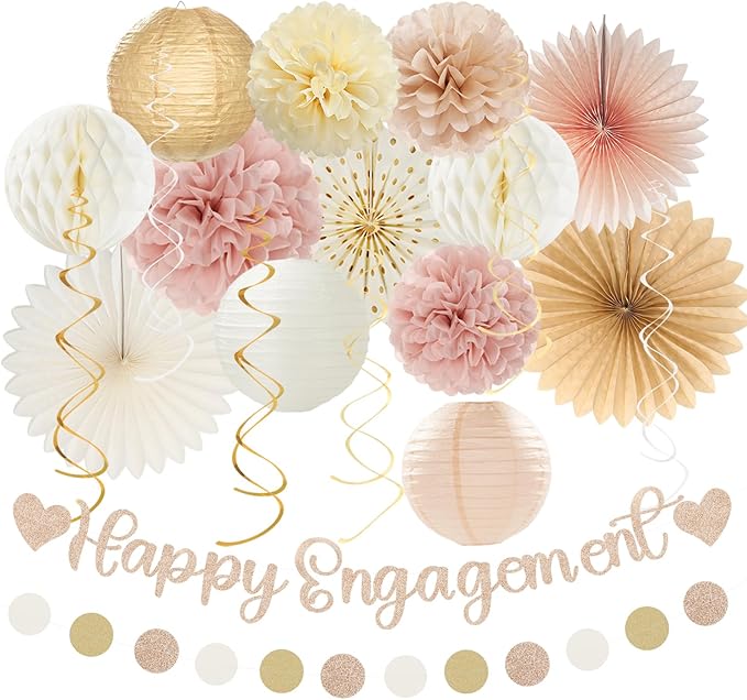 Champagne-Gold Fall Boho Happy-Engagement Party-Decorations - 21pcs Women She Said Yes Proposal Banner Streamers, Beige One Sweet Peach Paper Lanterns,Flower Tissue Pom Poms Fan Favors Decor Huglony
