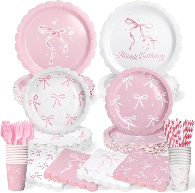 300 Pcs Pink Bow Plates, Cups, Napkins and Tableware Sets for Coquette Birthday Decorations, Party Supplies Include Straws, Pink Birthday Decorations Which Can Serve 50