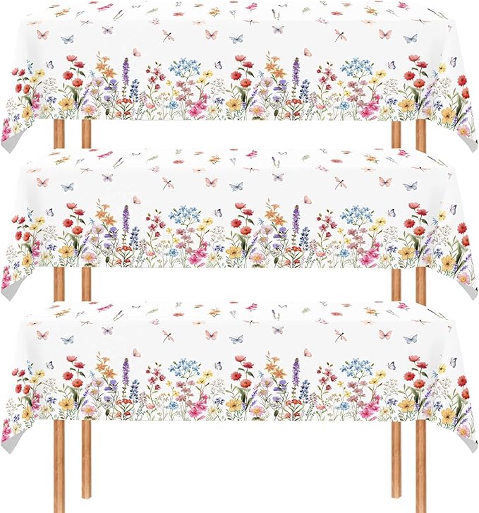 3 Pcs Wildflower Tablecloth Spring Summer Floral Table Cover for Butterfly Wildflowers Theme Picnic Dining Holiday Weeding Baby Shower Birthday Tea Party Table Supplies Decorations