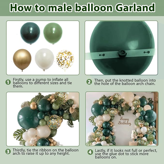 Emerald Green White Gold Balloons Arch Kit,Double Stuffed Dark Green Sage Dusty Olive Green Sand White Beige Chrome Gold Confetti Balloons Garland for Birthday Wedding jungle Safari Party Decorations