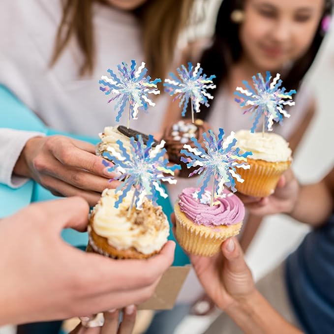 Gyufise 30Pcs Foil Firework Cupcake Toppers Happy Birthday Cake Toppers Tinsel Flower Drink Stirrers Cocktail Food Fruit Toothpicks for Valentine's Day Party Birthday Wedding Supplies Laser Silver