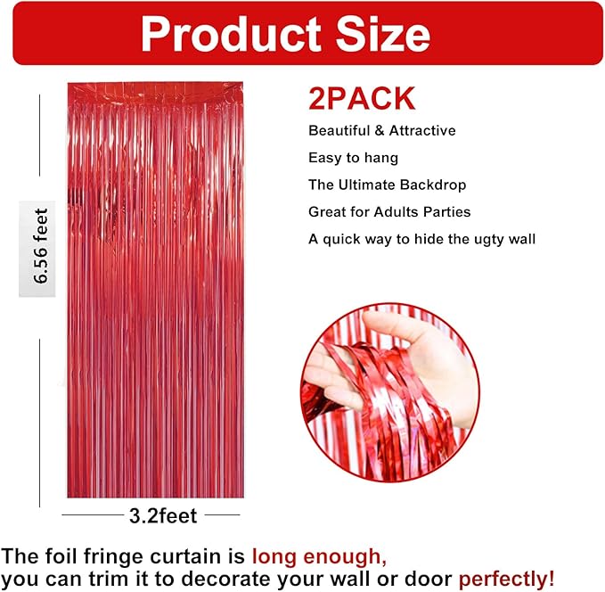 2 Pack 3.28 ft x 6.56 ft Red Tinsel Curtain Party Backdrop - Metallic Foil Tinsel Fringe Backdrop Door Fringe for Halloween, Christmas, Birthday Graduat