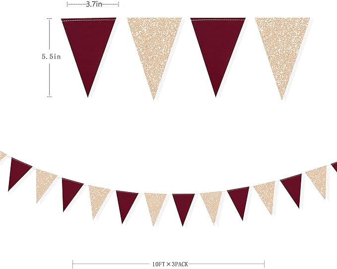Burgundy Party Decorations Maroon Champagne Gold Triangle Banner Flag Bunting Pennant for Birthday Engagement Wedding Bridal Shower Baby Shower Anniversary Bachelorette Hen Party Decorations Supplies