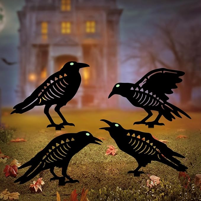Halloween Black Crow Garden Stake Decor 4 Pack Scary Raven Silhouette Metal Yard Signs with Glow-in-The-Dark Eyes for Outdoor Halloween Decorations (Crow Black)