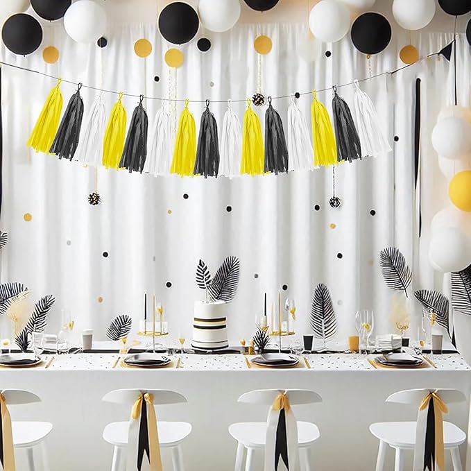 Yellow White Black Party Decorations - 15pcs Tissue Paper Tassel Garland for Birthday Baby Bridal Shower Wedding Graduation Hanging Decor HongTongTong