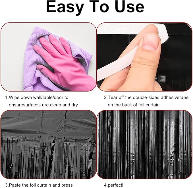 2 Pack 3.28 ft x 6.56 ft Black Tinsel Curtain Party Backdrop Decorations, Metallic Foil Fringe Backdrop Door for Halloween, Christmas, Birthday Graduation Wedding Party Streamers Photo Backdrop.