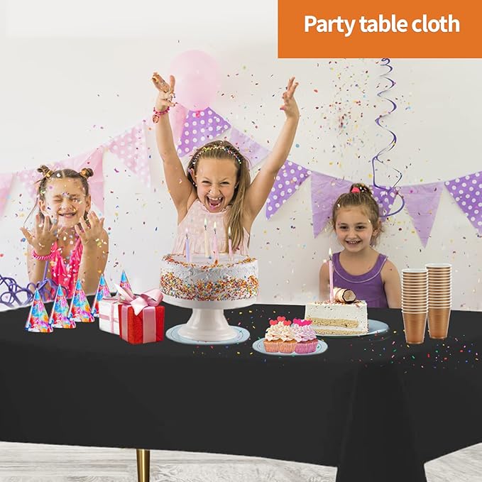 Party Dimensions Black Tablecloth Disposable Plastic Table Cover for Rectangle Tables (12 Pack) Premium Plastic Table Cloths for Parties, Events & Weddings, Indoors/Outdoors, 54"x108"