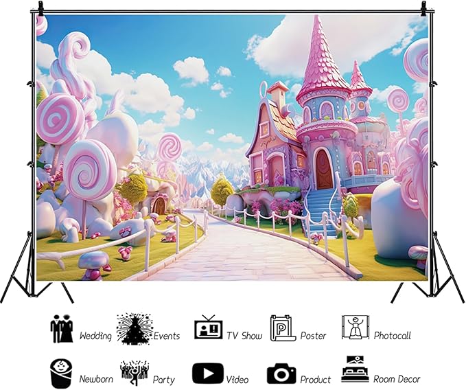 9x6ft Candyland Backdrop Pink Sweet Candy Castle Fairy Tale Photography Background for Girls Princess Birthday Baby Shower Party Decorations Kids Portraits Banner Photo Studio Props