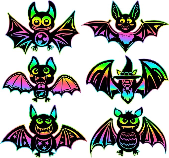JULMELON 36Pcs Halloween Crafts, Rainbow Magic Halloween Scratch Art Paper Cute Bat Crafts School Classroom Activities Party Favors DIY Gifts