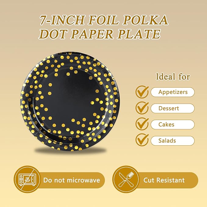 Black and Gold Paper Plates and Napkins Tablecloth Party Supplies,Serves 25 Guests Black Gold Plates and Napkins Tablecloth,Disposable Tableware Set for Birthday Graduation Retirement Decorations